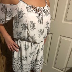 Women's White Floral Cold-Shoulder Dress with Lace-Up Neckline